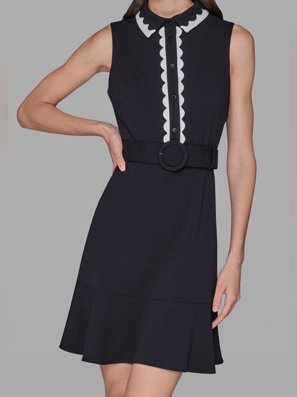 NWT Karl Lagerfeld Paris Belted Collared A-Line Dress Size 14 Black Soft White